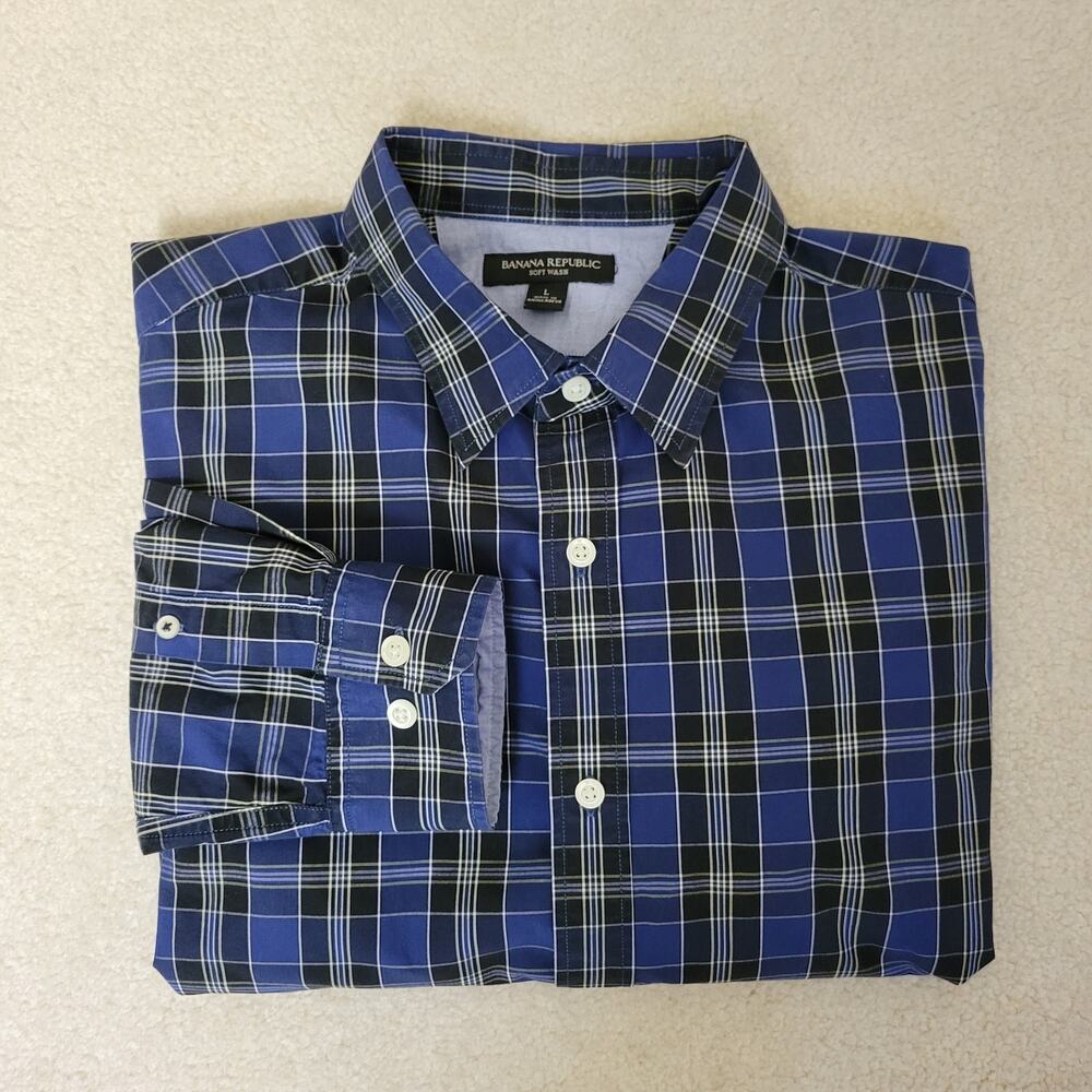 Banana Republic Men's L Soft Wash Long Sleeve Blue Plaid Shirt